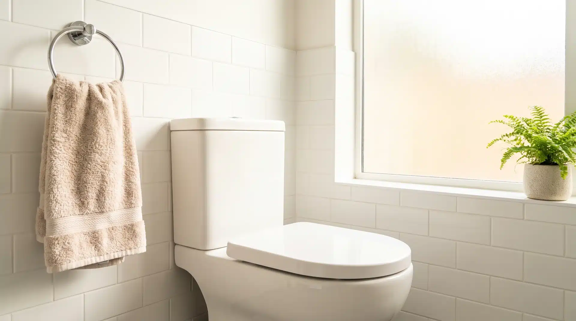 Fully installed white toilet seat on a clean porcelain toilet in a bright modern bathroom in natural light.