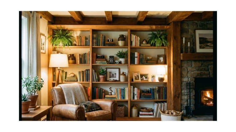 Cozy styled bookshelf with books, plants, and personal decor in warm living room setting