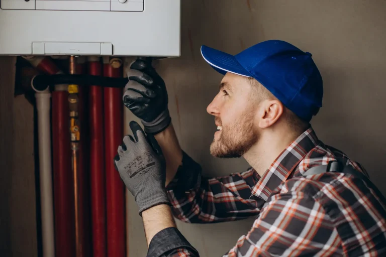 Man in plaid shirt and blue cap fixing a boiler with red pipes in background