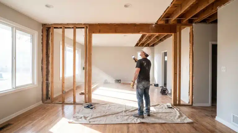 Exposed wall framing with visible beam and ceiling joists in US home mid-renovation with homeowner inspecting structure.