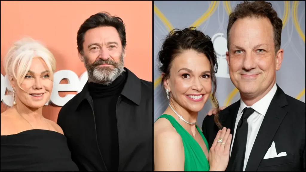 Split-image showing Hugh Jackman with Deborra-Lee Furness at an event on the left, and Sutton Foster with Hugh Jackman at a separate event on the right, all smiling on red carpet backdrops.