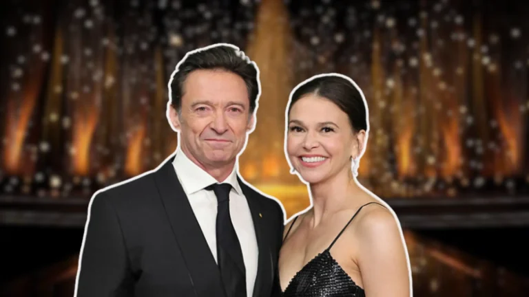 Hugh Jackman and Sutton Foster posing together at a formal event, smiling at the camera, with a warm golden-lit background and a stylized cutout effect around their figures.