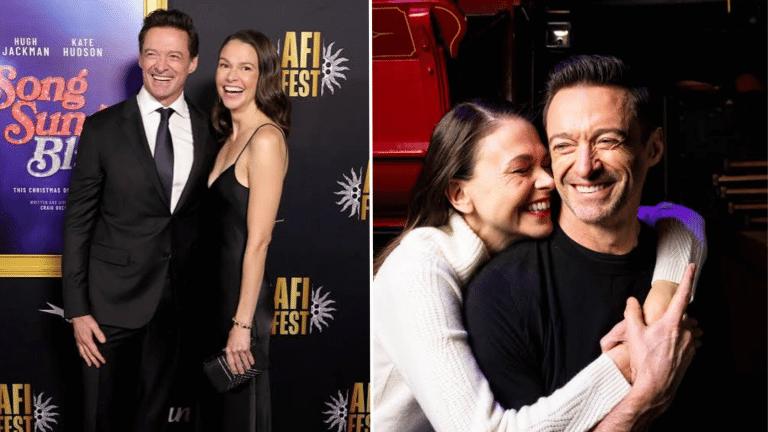 Hugh Jackman and Sutton Foster relationship timeline collage with past photos and appearances
