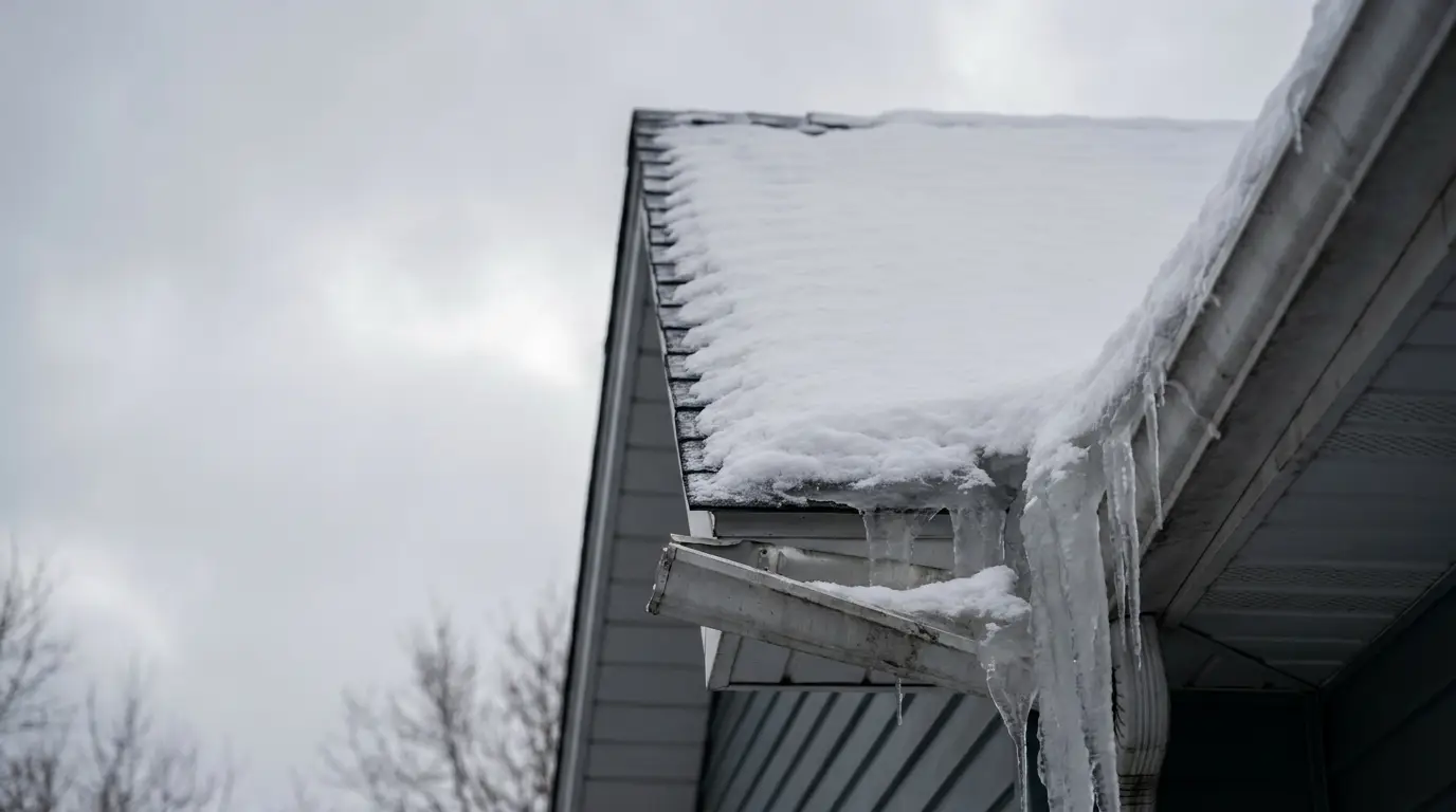 Snow-covered roof with hanging icicles under overcast sky