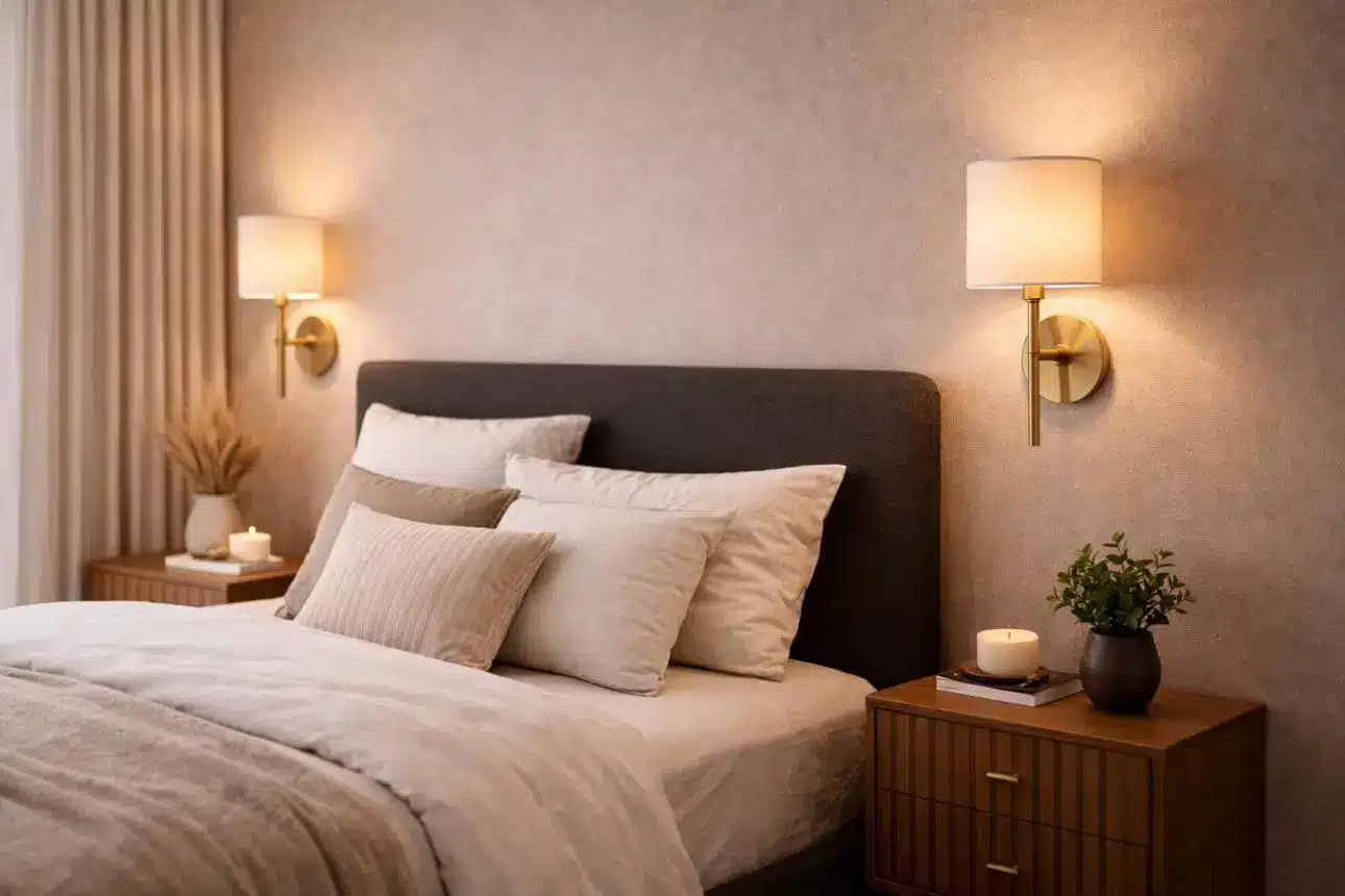 Cozy bedroom with beige pillows on a grey headboard, lit by warm wall sconces