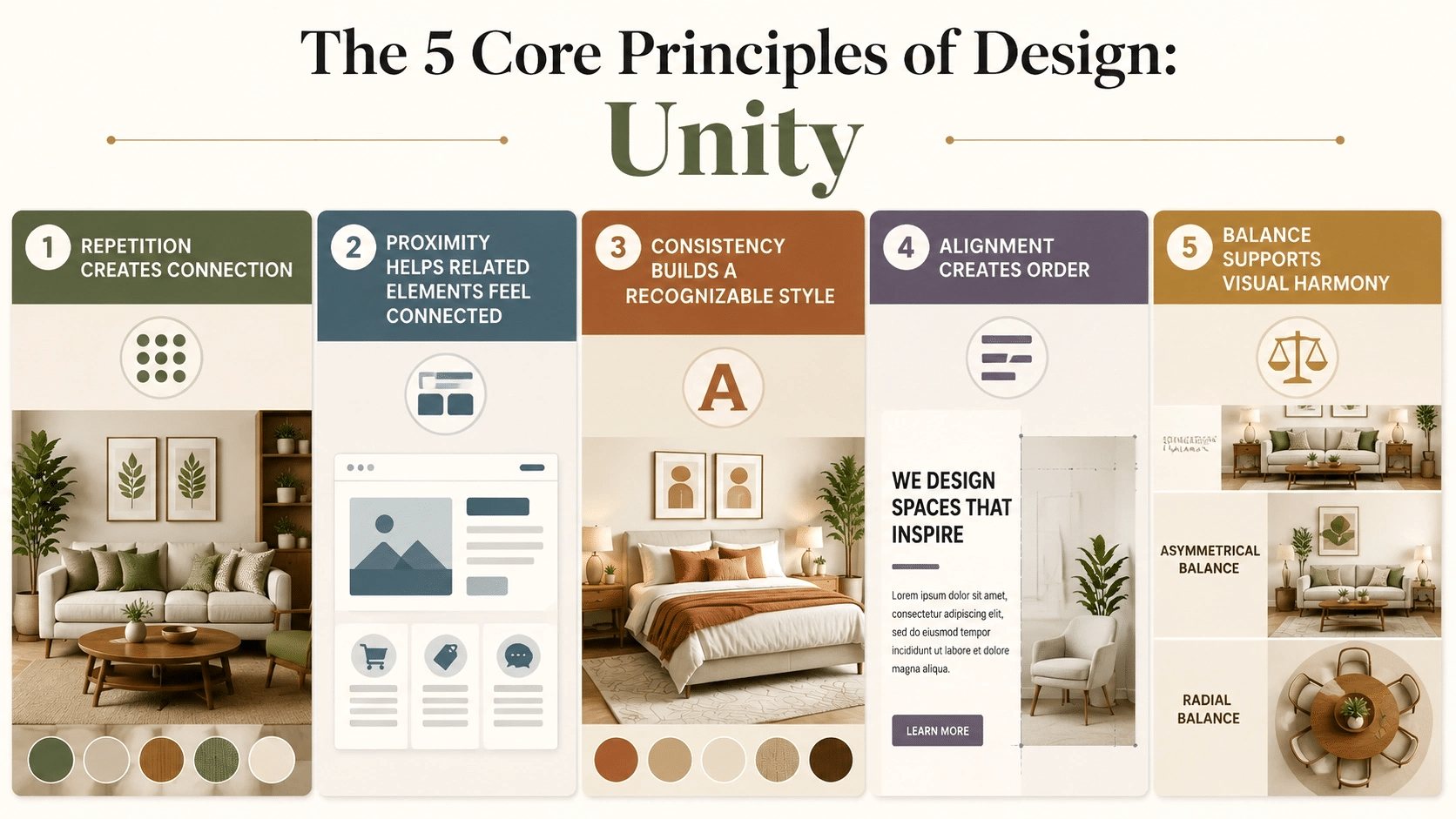 Infographic showing the five core principles of design unity including repetition, proximity, consistency, alignment, and balance
