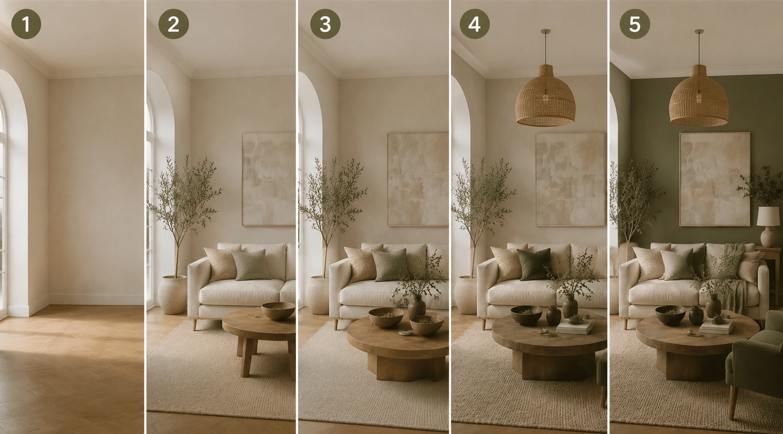 Unity in interior, graphic design, and architecture shown through consistent colors, materials, layouts, and structures