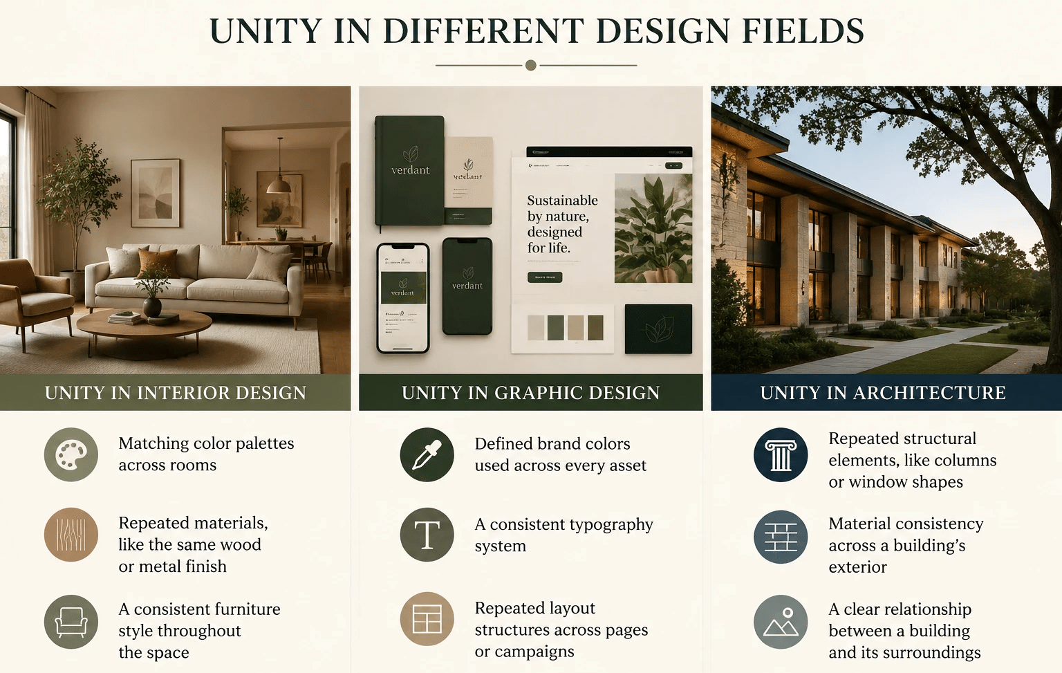 Unity in interior, graphic design, and architecture shown through consistent colors, materials, layouts, and structures