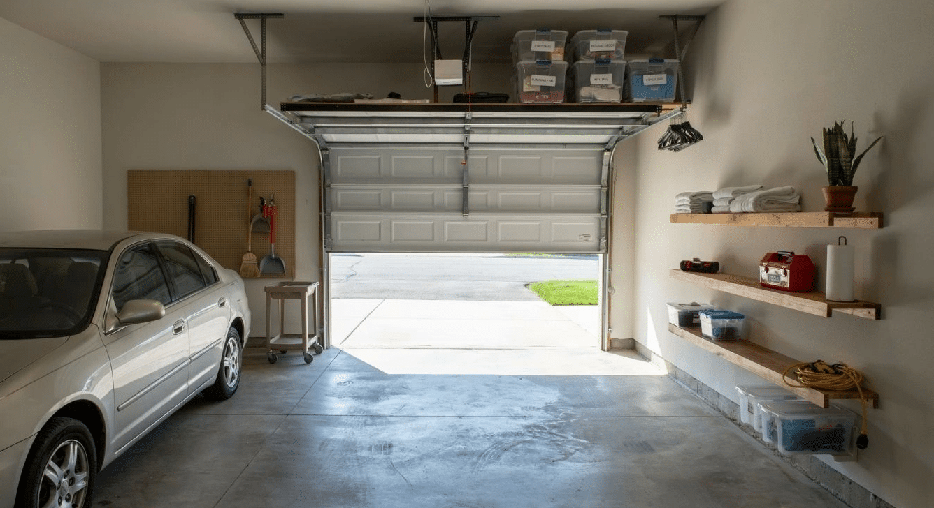 Garage with wall-mounted shelves and an overhead rack placed for easy access.