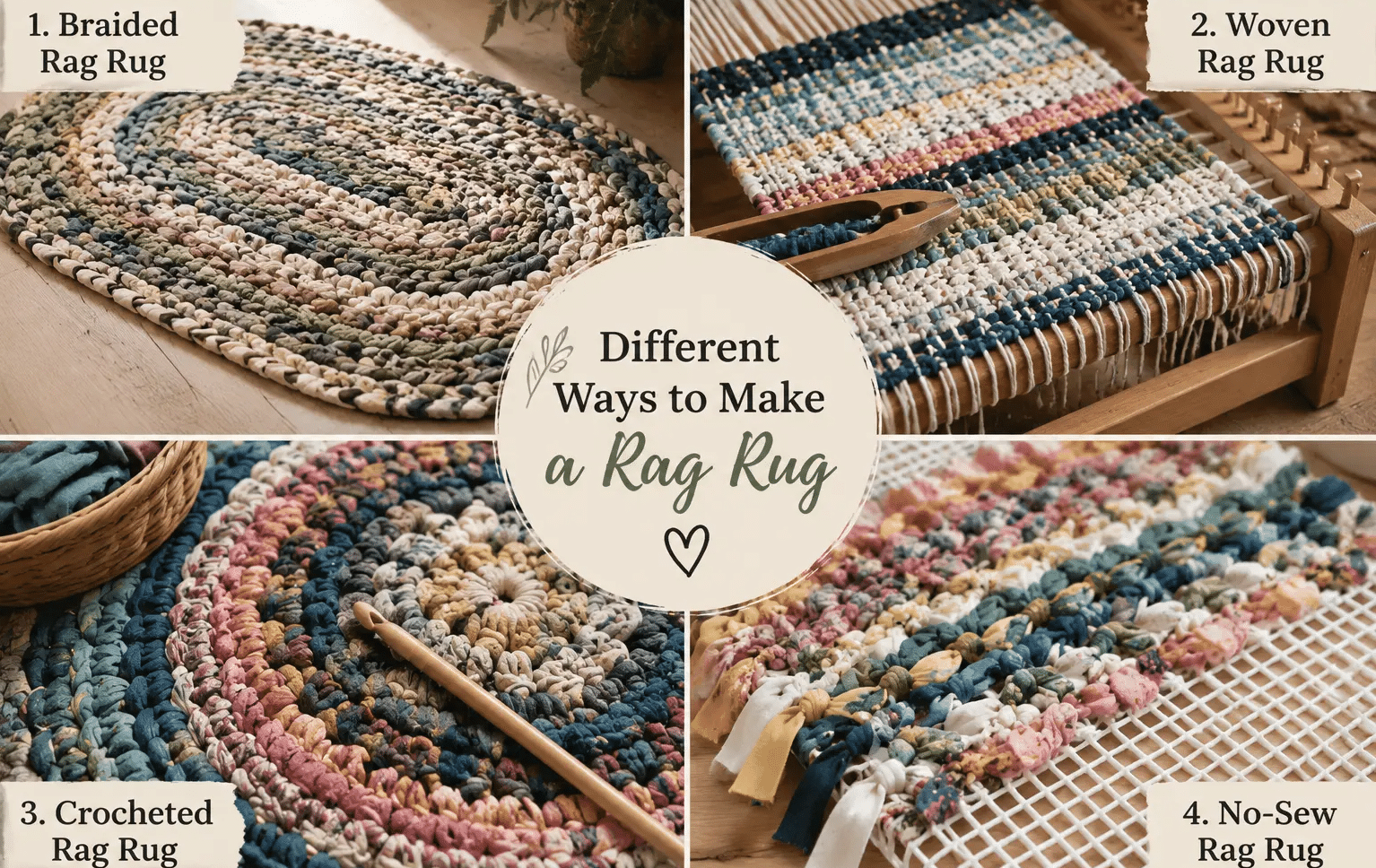 Collage showing four rag rug making methods including braided, woven, crocheted, and no-sew techniques