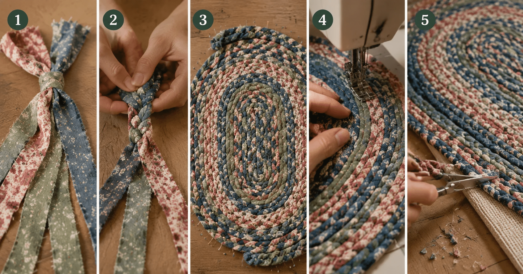Five-panel guide showing the process of making a braided rag rug from fabric strips to the finished rug