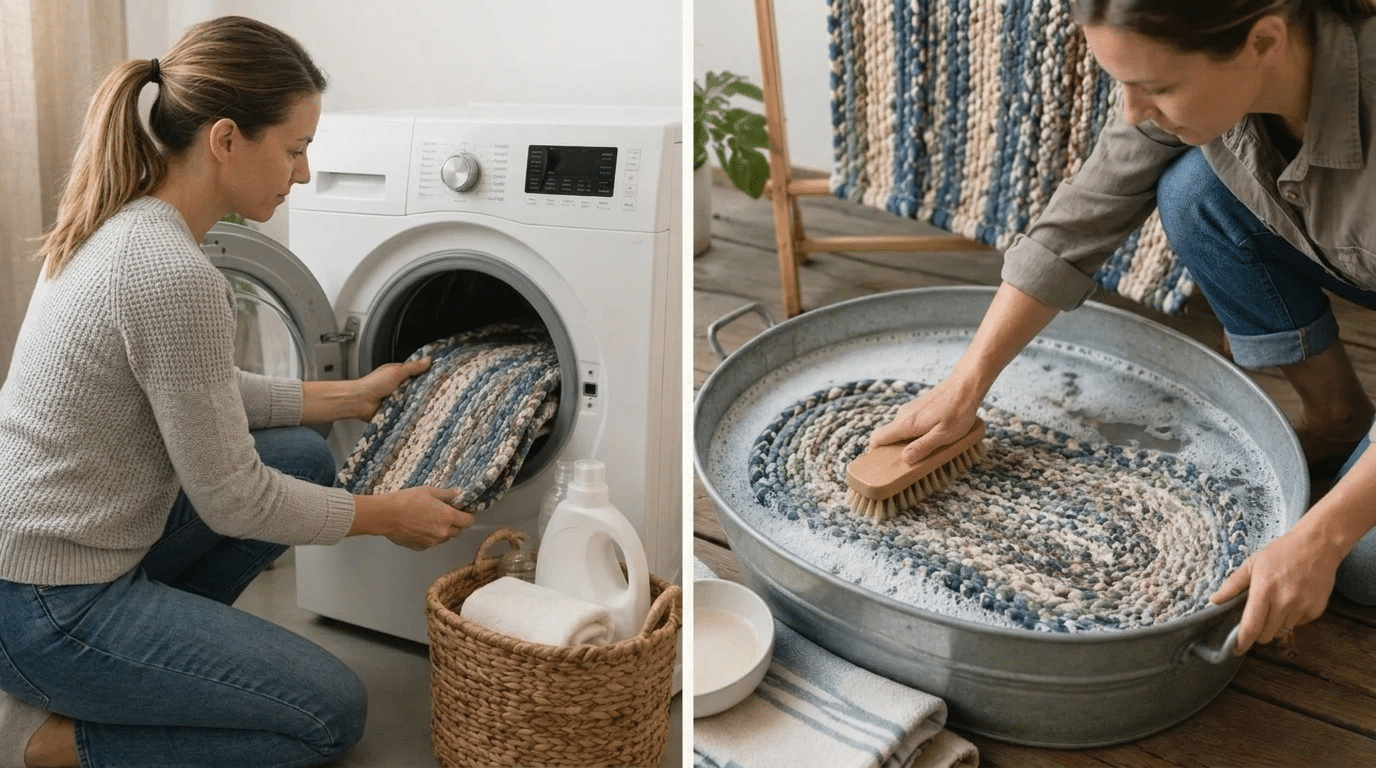 Women cleaning a rag with methods showing machine washing and gentle hand washing in a tub