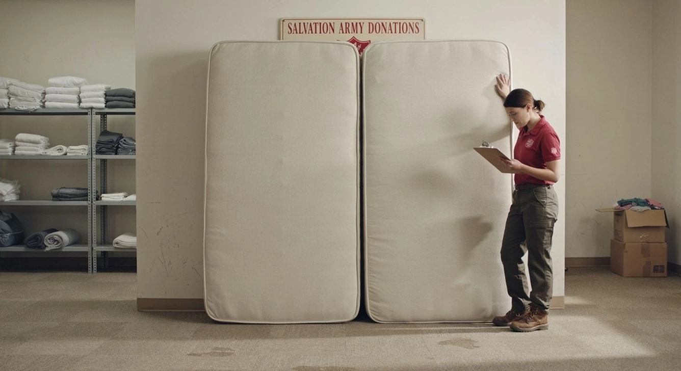 A staff member inspects a donated mattress standing upright in a charity donation center.