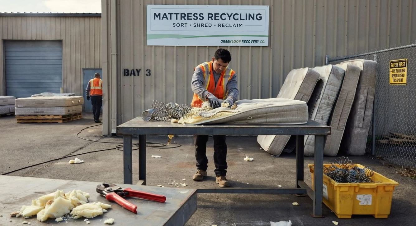 A worker separates steel springs and foam from a mattress at a recycling drop-off yard.