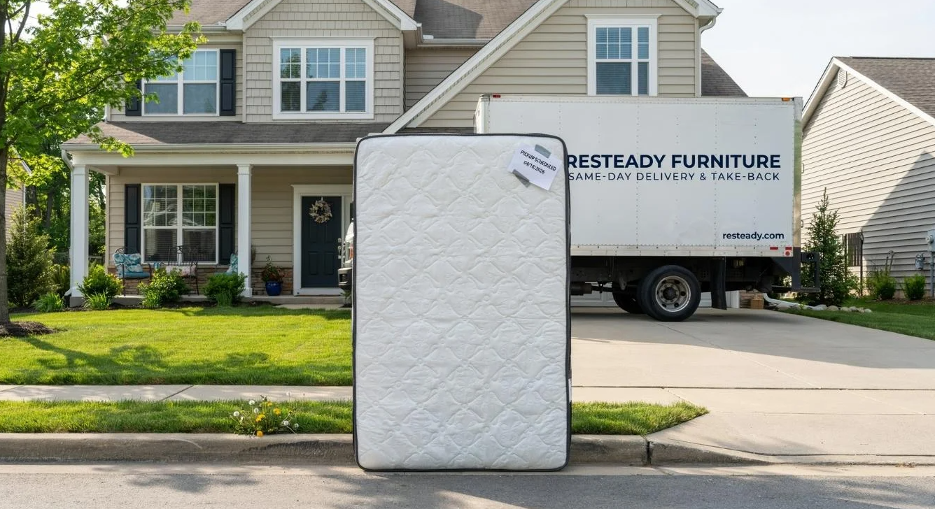 A tagged mattress sits at the curb as a retailer's truck delivers a new one nearby.