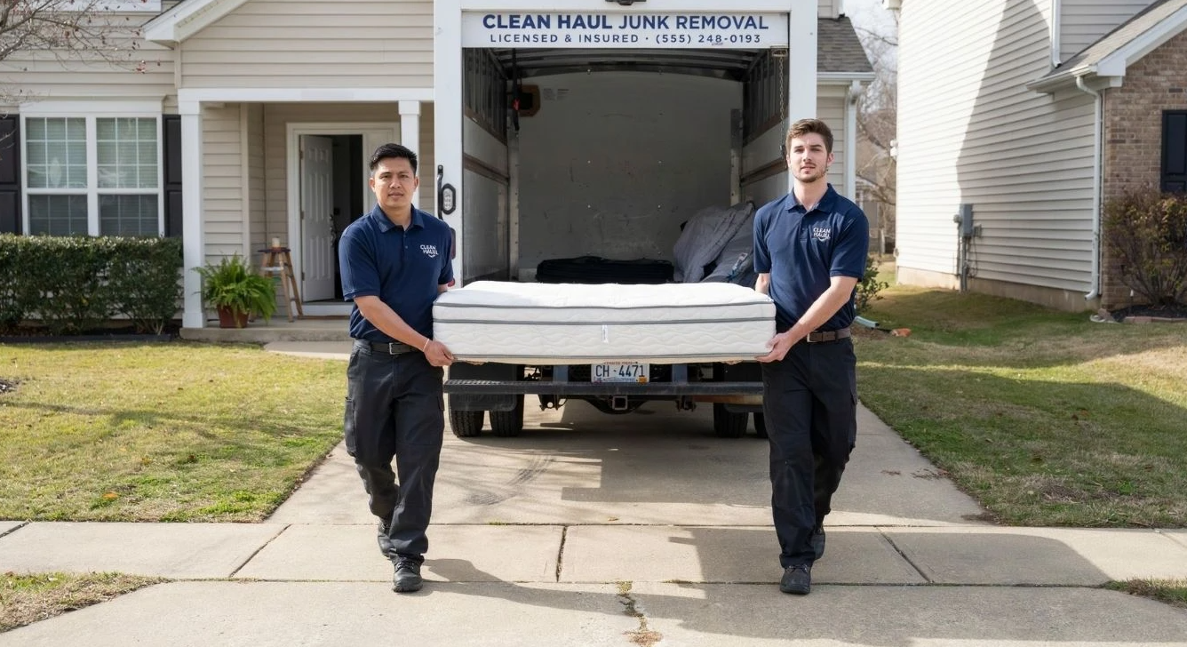 Two uniformed workers carry a mattress toward a branded junk removal truck.