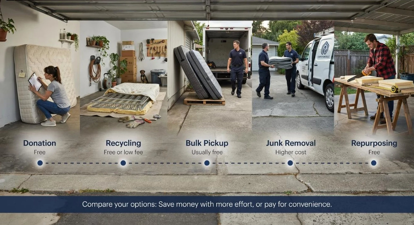A garage scene showing five mattress disposal methods side by side with labeled cost and effort overlays.