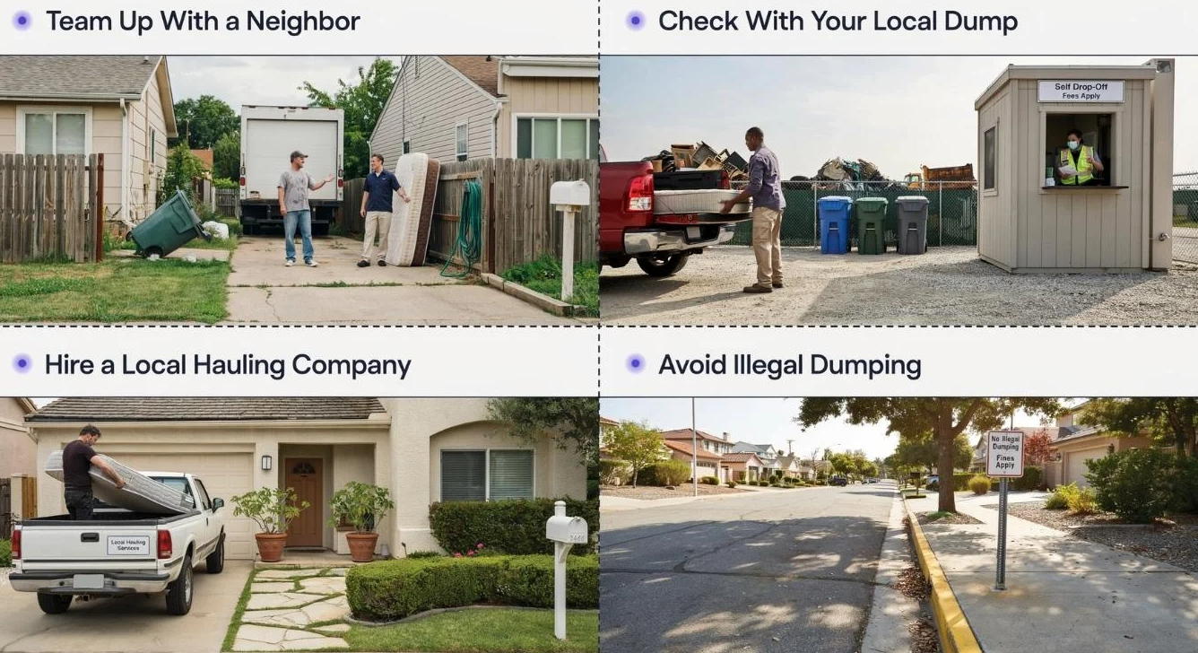 A four-panel image showing neighbors sharing removal costs, a landfill drop-off, a local hauler, and a no-dumping sign.