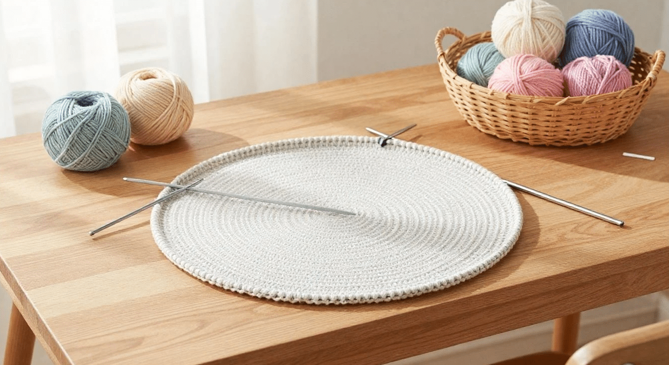 A circular knitting needle laid out on a table with yarn and knitting supplies.