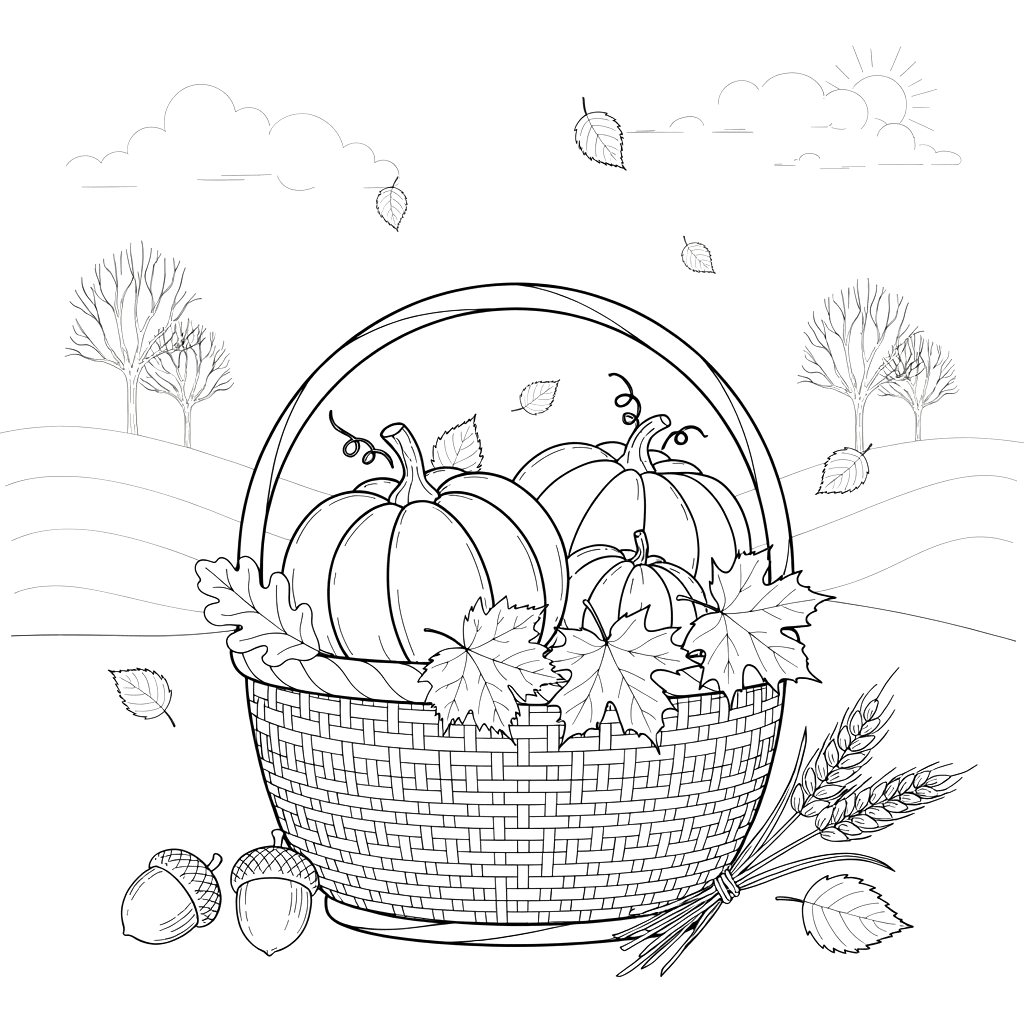 Printable pumpkin basket fall coloring page showing a woven harvest basket overflowing with pumpkins and autumn leaves to enjoy