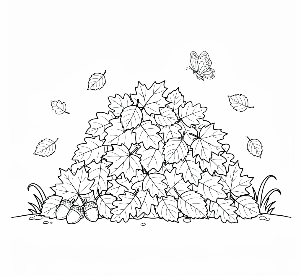 Playful leaf pile coloring page perfect for young children who enjoy the messier,