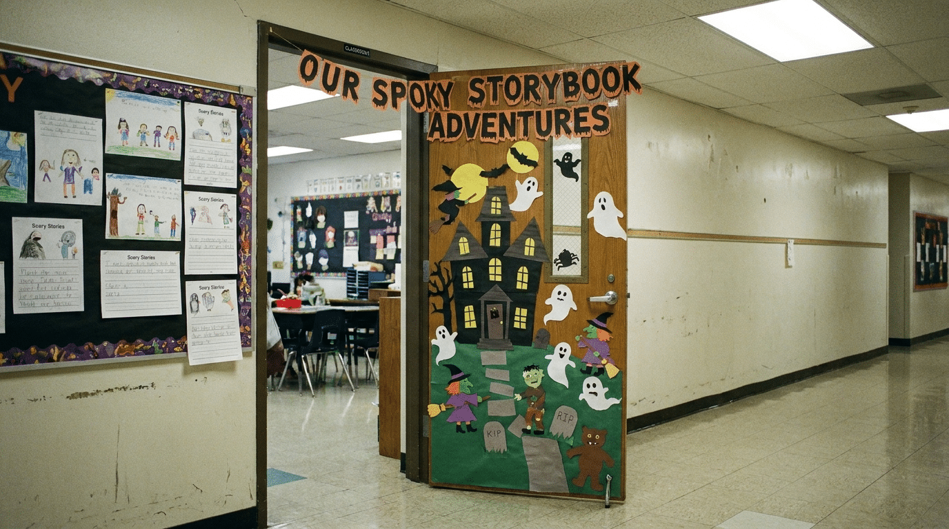 School classroom door decorated around a spooky storybook theme