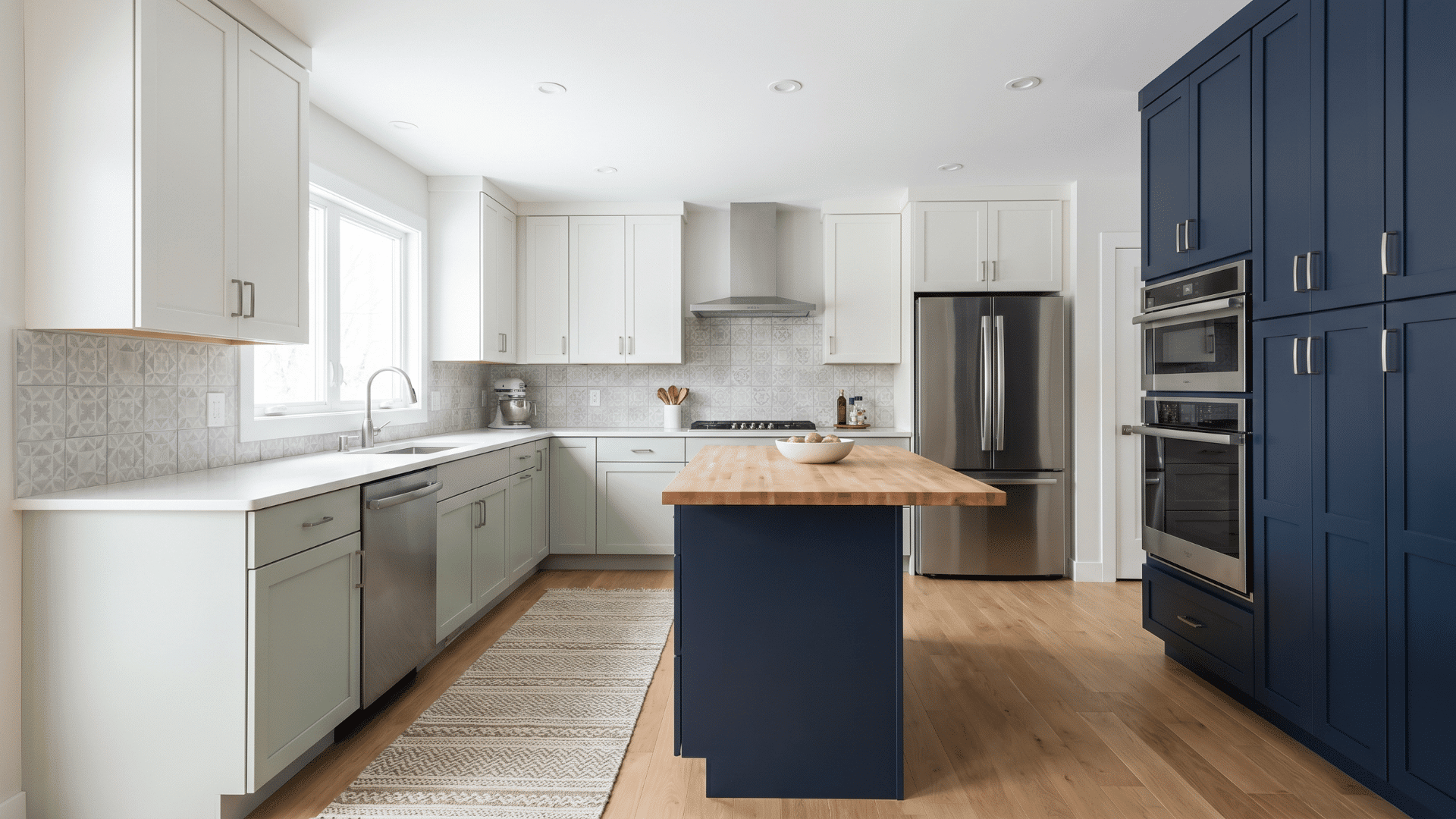 Modern kitchen with soft white and green tones, navy accents, and subtle patterned tiles in a balanced design layout.