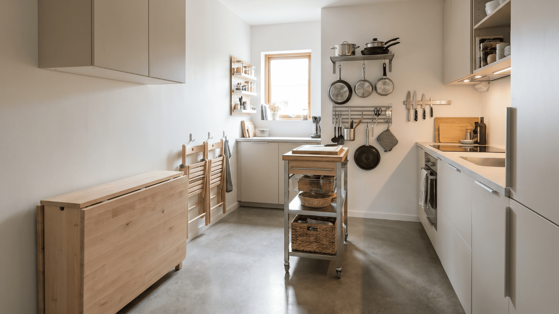 Small kitchen with foldable furniture, wall storage, and rolling trolley creating a clean and open functional space.