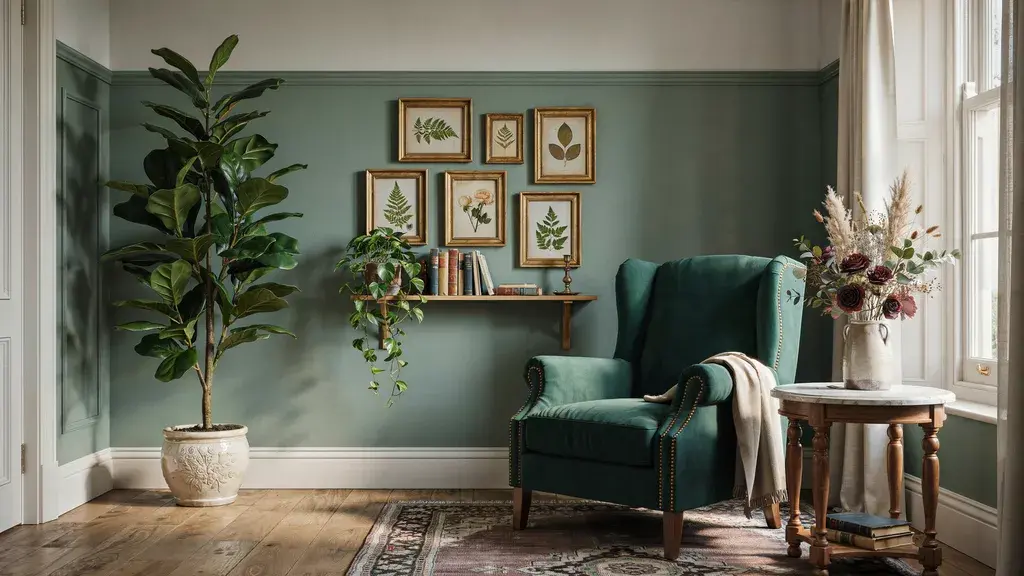 Modern Victorian room with botanical prints, plants, and natural textured decor.