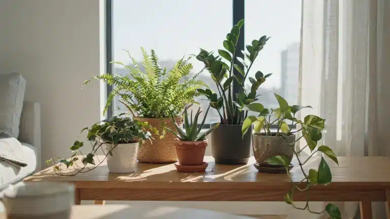 Five air-purifying plants by a sunlit window on a wooden table in a bright home interior.