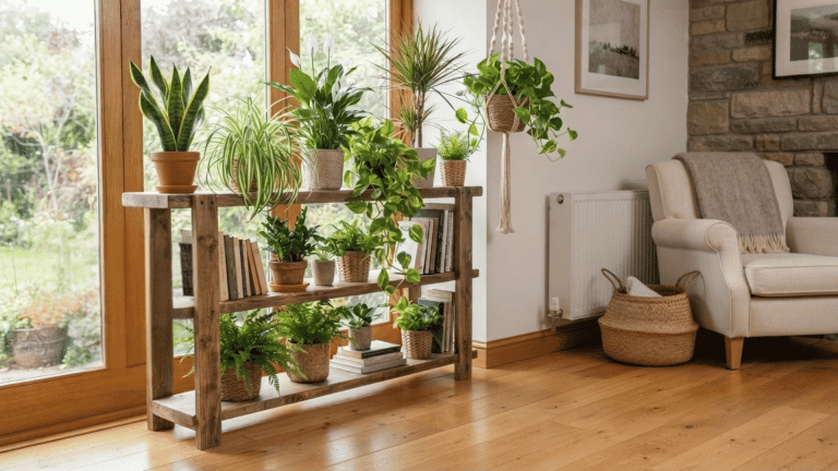 Indoor plant collection arranged on wooden shelves beside a large window in a bright living room