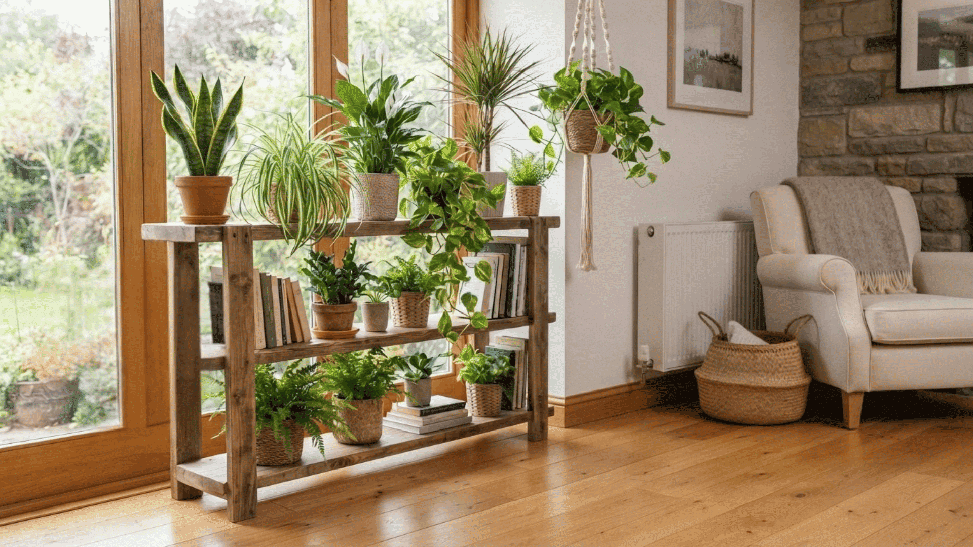 Indoor plant collection arranged on wooden shelves beside a large window in a bright living room