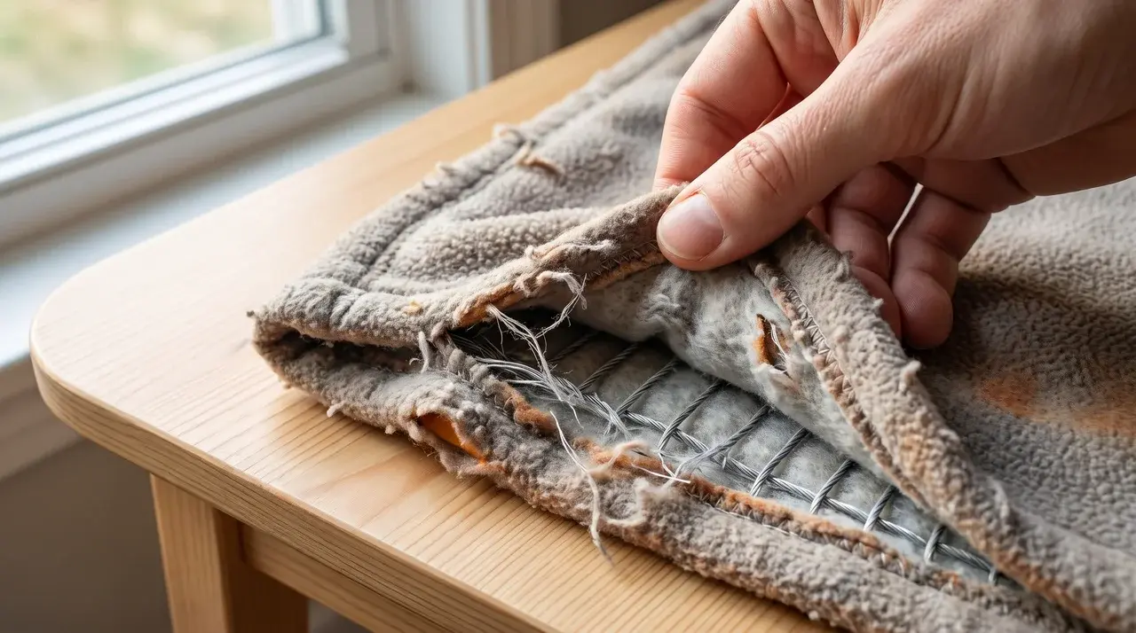Close-up inspection of a heated blanket edge for frayed wires and damage before cleaning to ensure safe washing.
