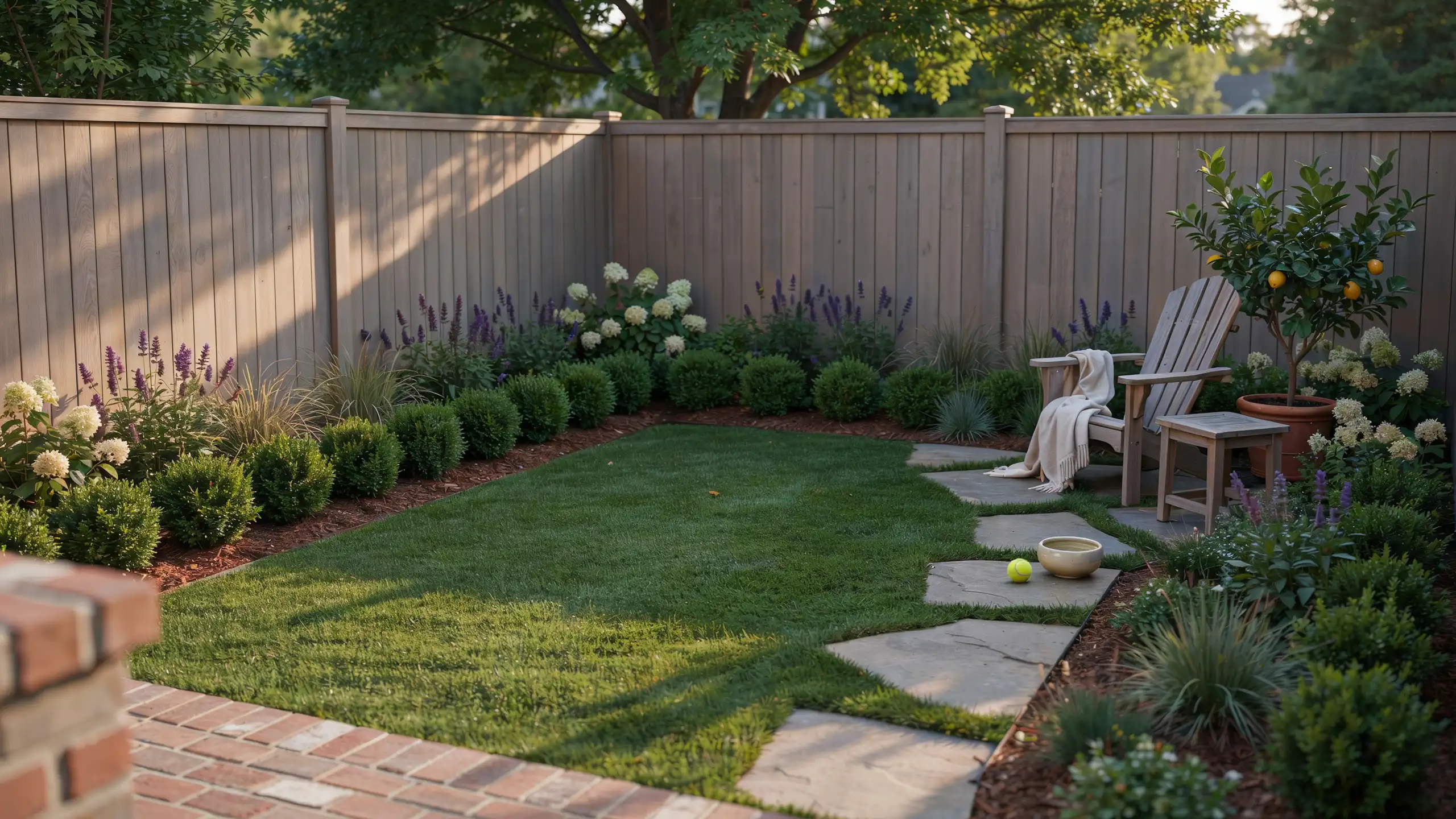 Compact backyard with a green turf area combined with landscaping and outdoor seating.