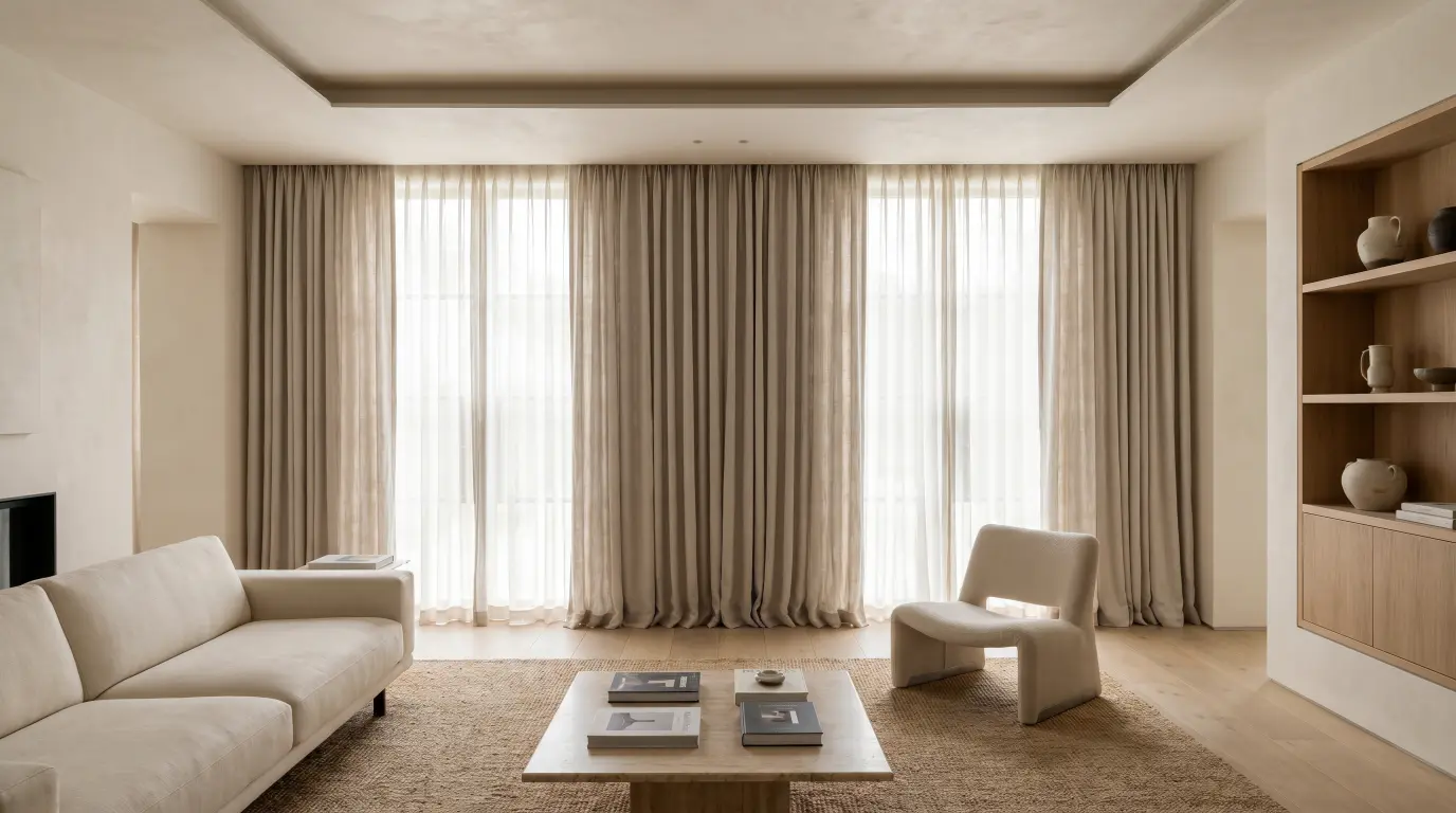 Invisible ceiling-mounted curtain rail holding flowing drapes in a minimalist room with seamless modern design.