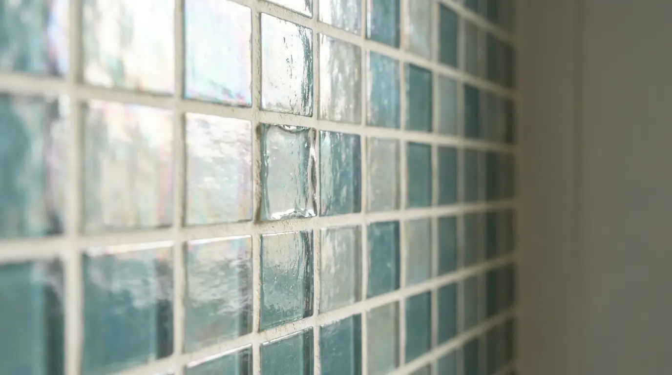 Close-up of iridescent blue glass mosaic tiles on a wall with natural lighting