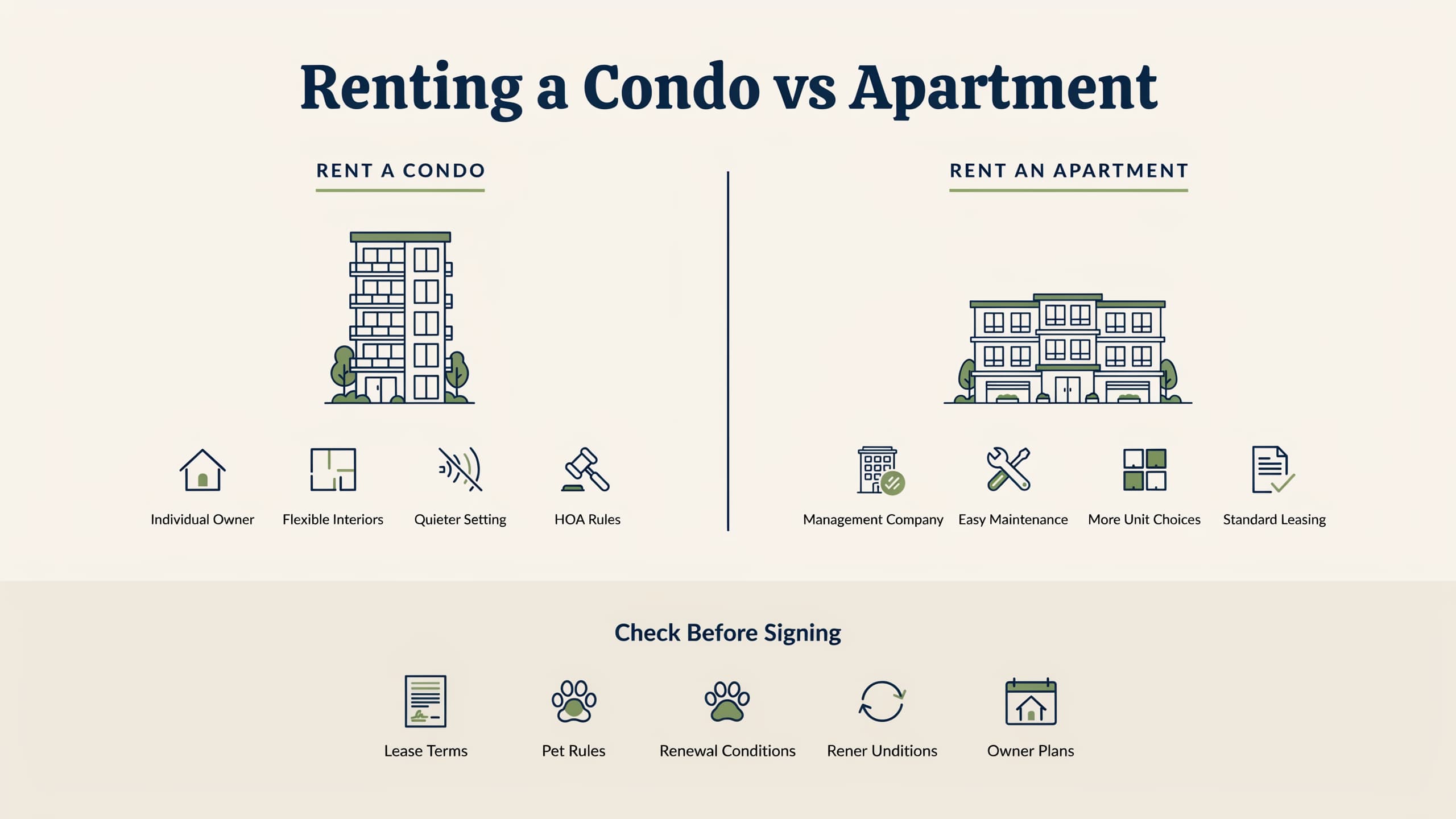 Renting a condo vs apartment infographic comparing individual landlords, property management, amenities, maintenance, and lease options.