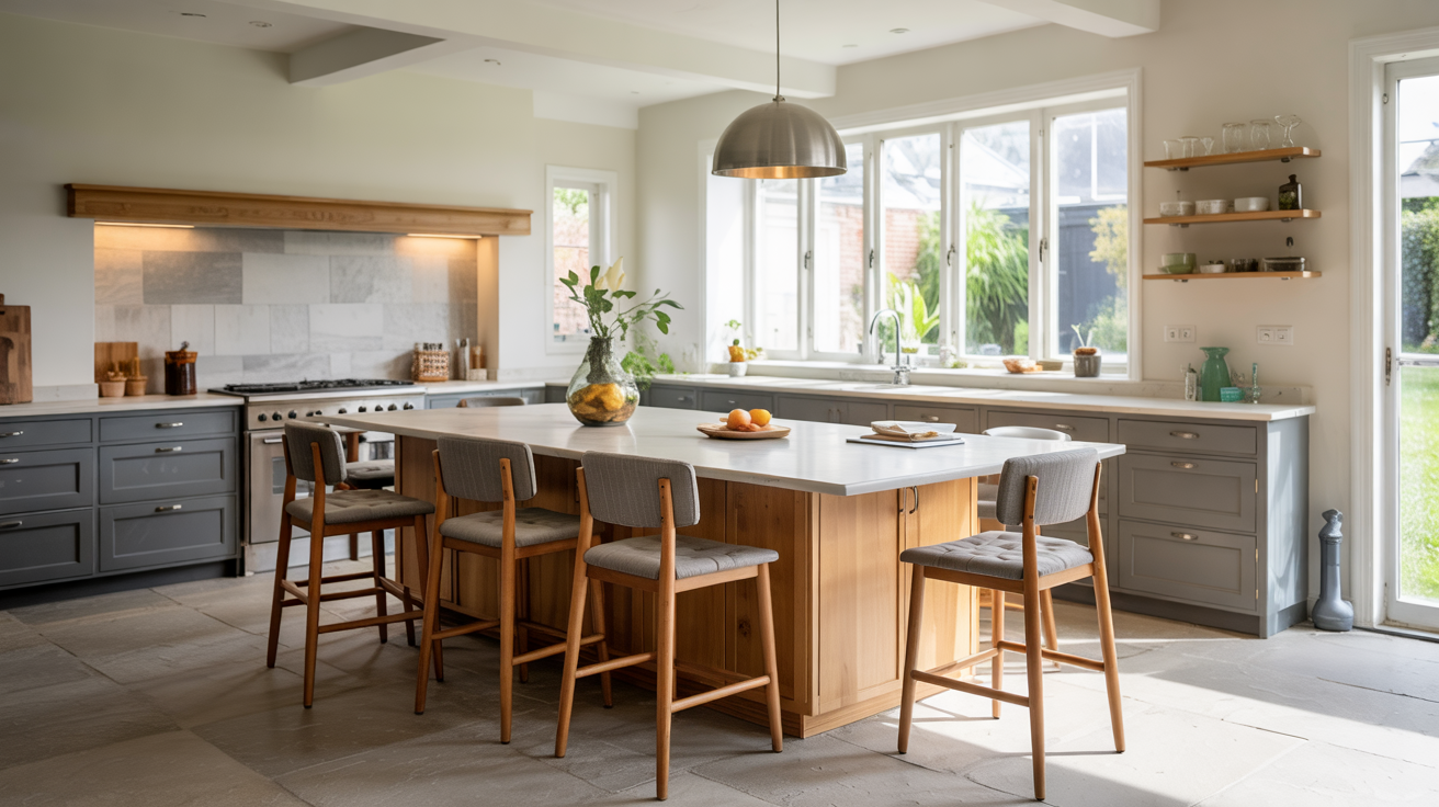 Modern kitchen featuring a large wooden central island with four chairs, pendant lighting, and bright windows behind.