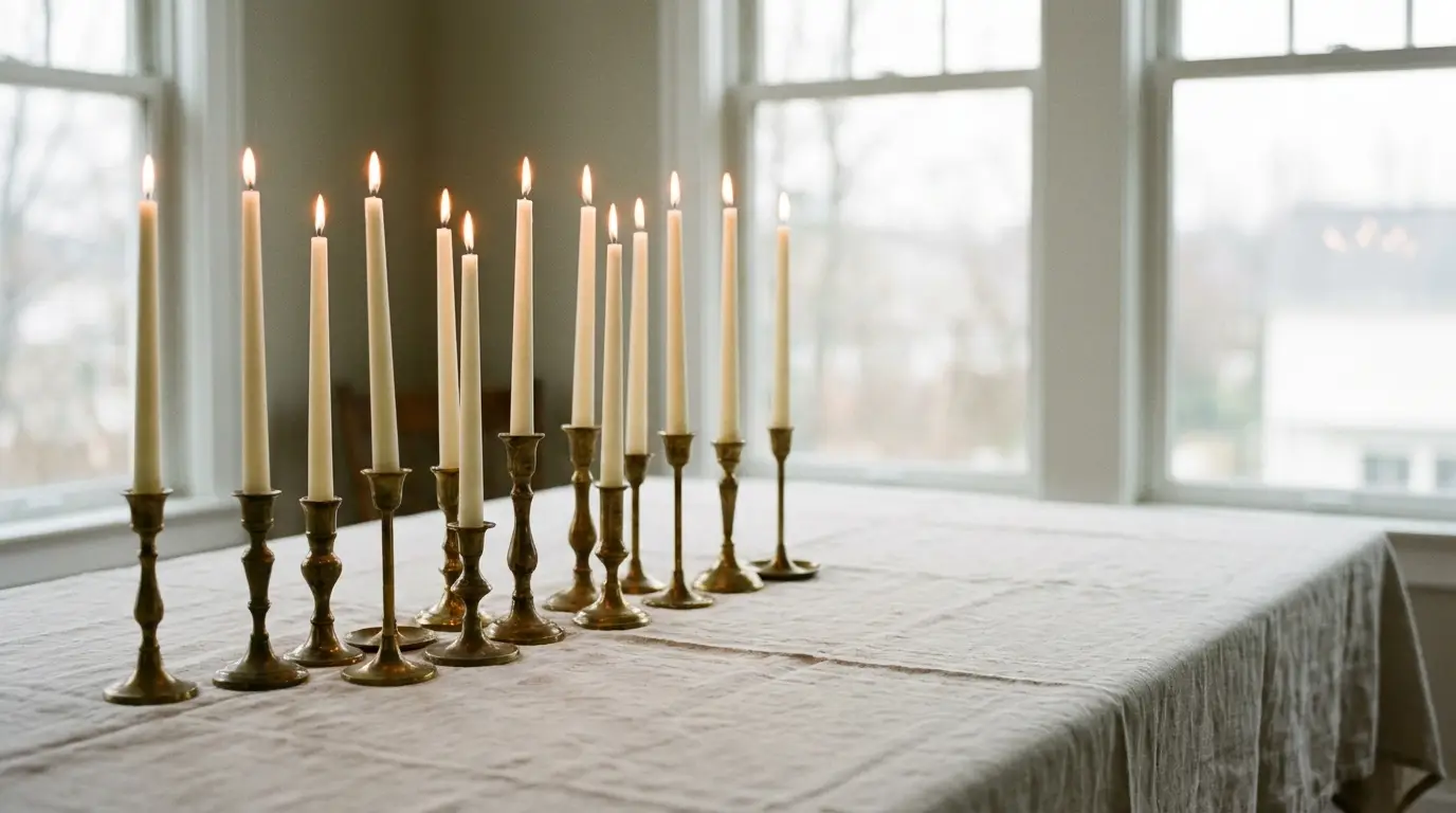 Candles lit on brass holders atop table near bright windows in a serene setting