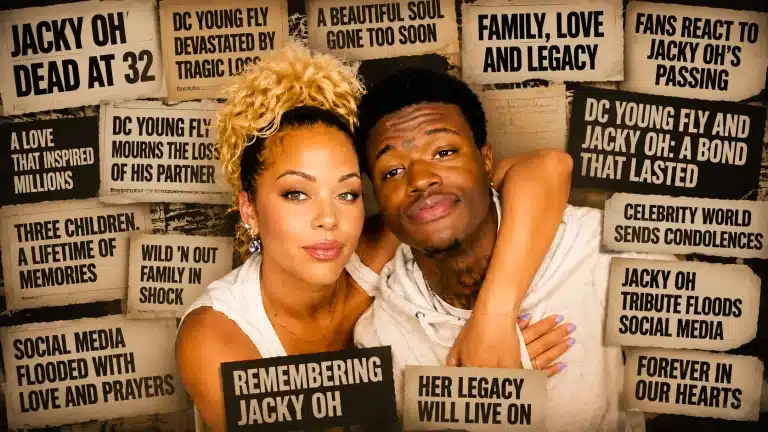 Editorial magazine collage honoring Jacky Oh and DC Young Fly with headlines, tribute imagery, and relationship focus.