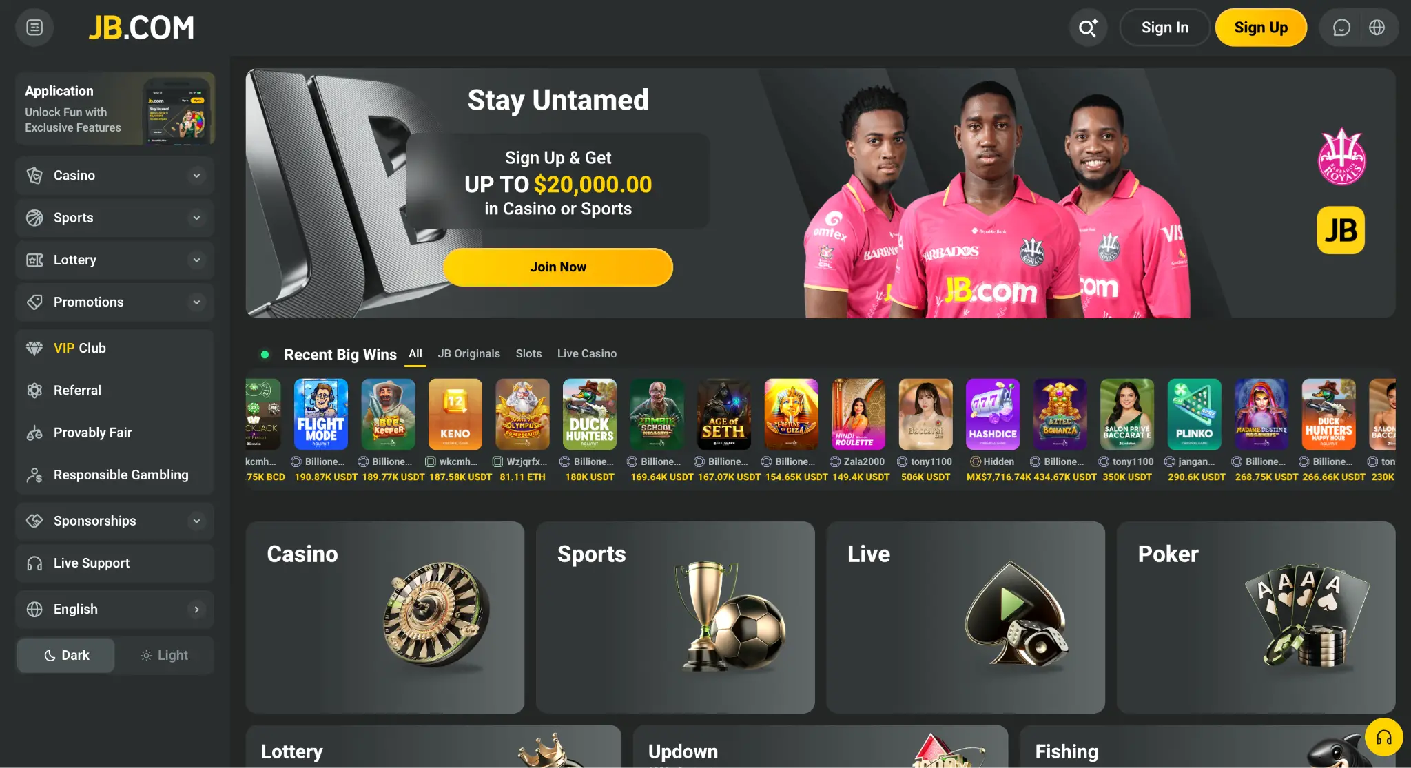 Online gaming platform homepage with promotional banner and game icons in dark mode interface