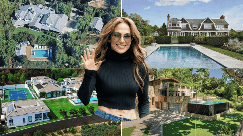 Jennifer Lopez waving, surrounded by a collage of her luxury mansions and swimming pools