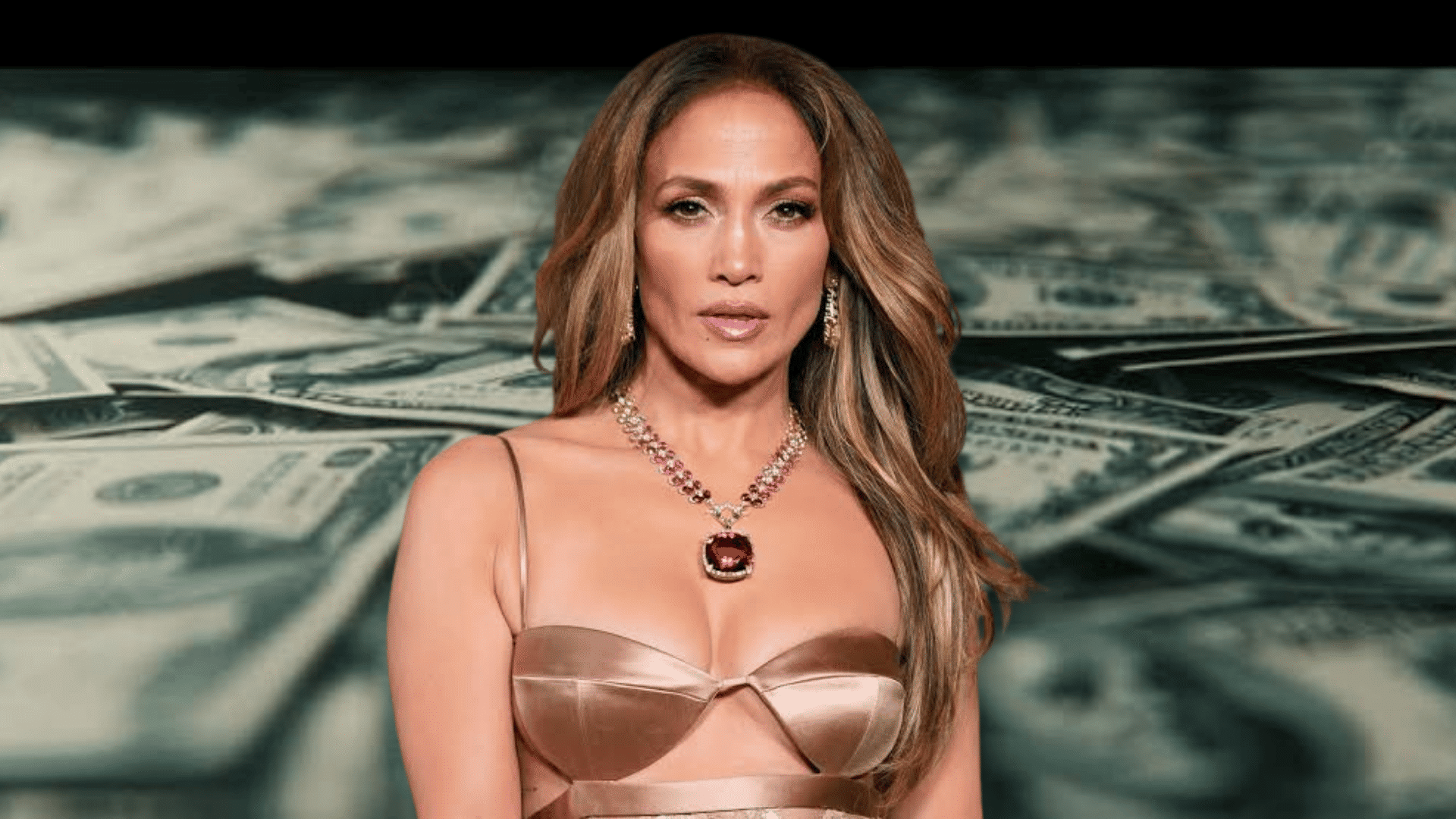 Jennifer Lopez wearing a luxury necklace with a background of scattered money
