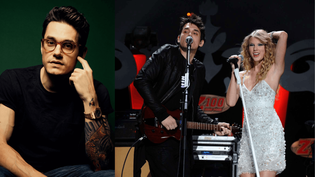 Taylor Swift and John Mayer relationship collage reflecting emotional songwriting influence and early career music era