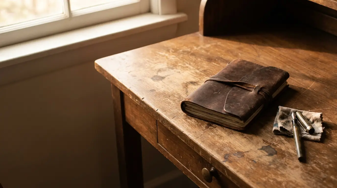 Leather-bound notebook and fountain pen on rustic wooden desk by window
