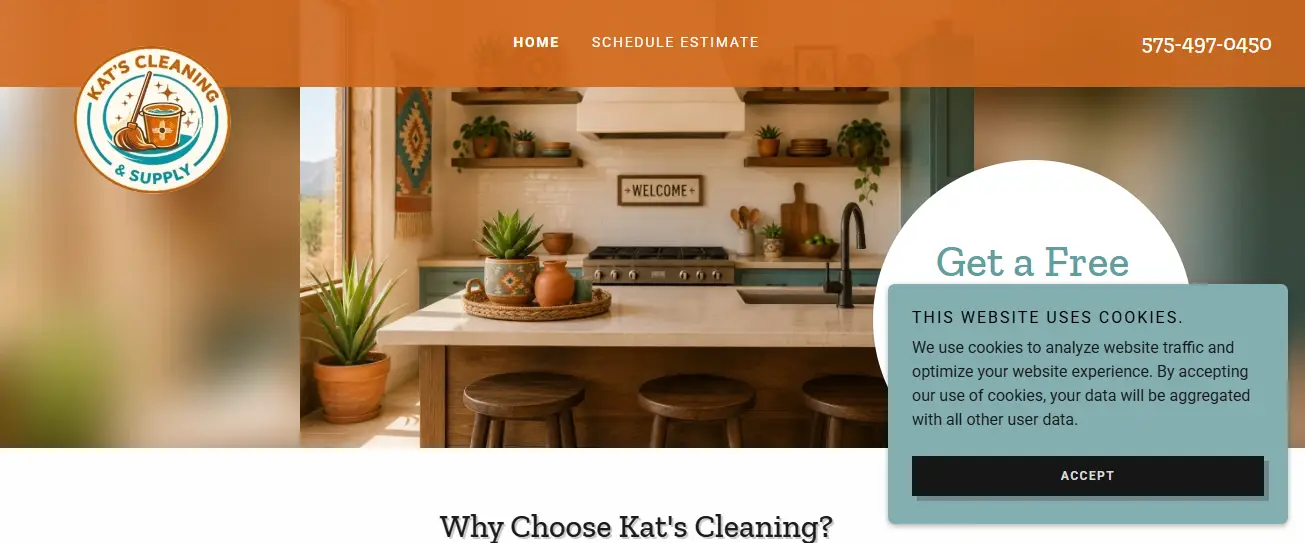Cozy kitchen with wooden island, potted plants, and turquoise cabinets under warm lighting