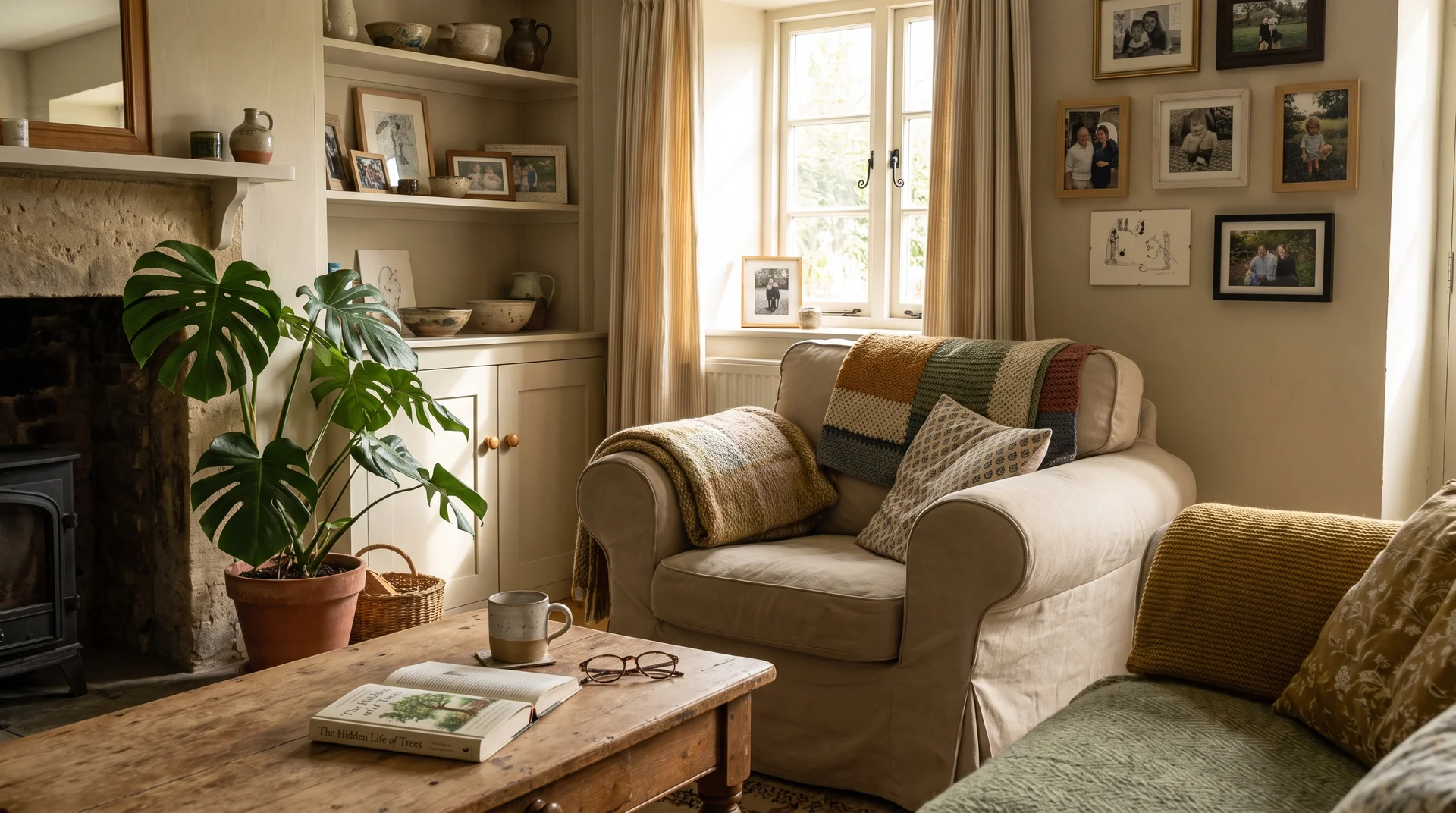 Personal cottage living room with books, plants, and meaningful decor.