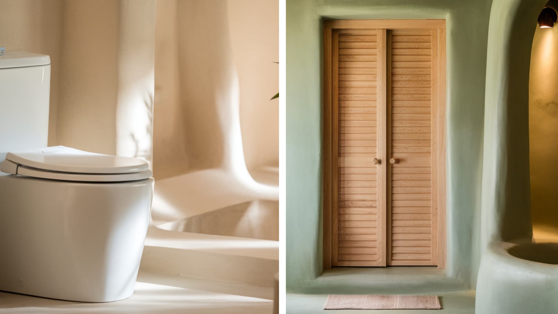 Minimalist Feng Shui bathroom featuring a modern closed toilet next to a wooden slatted closet door.