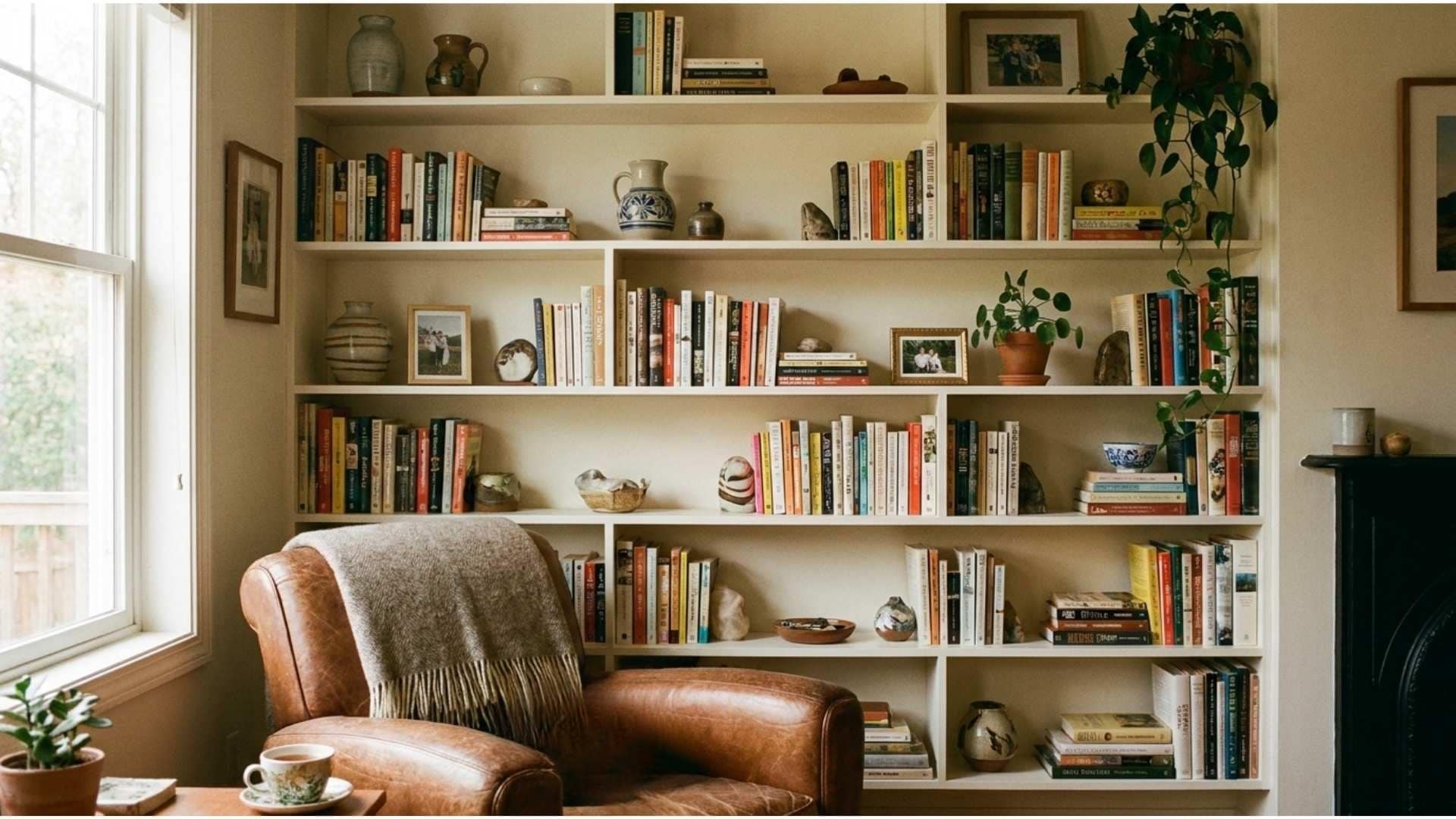 Organized bookshelf with personal touches and empty space for clean, intentional look