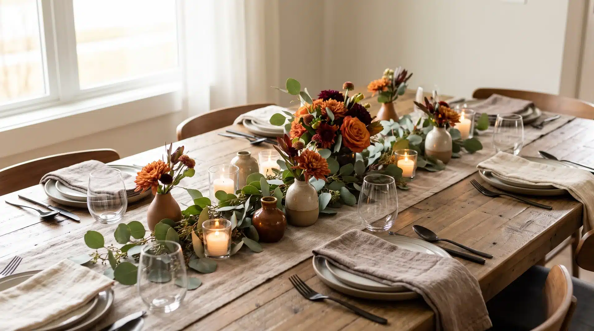 Low Thanksgiving centerpiece with candles and seasonal greenery.